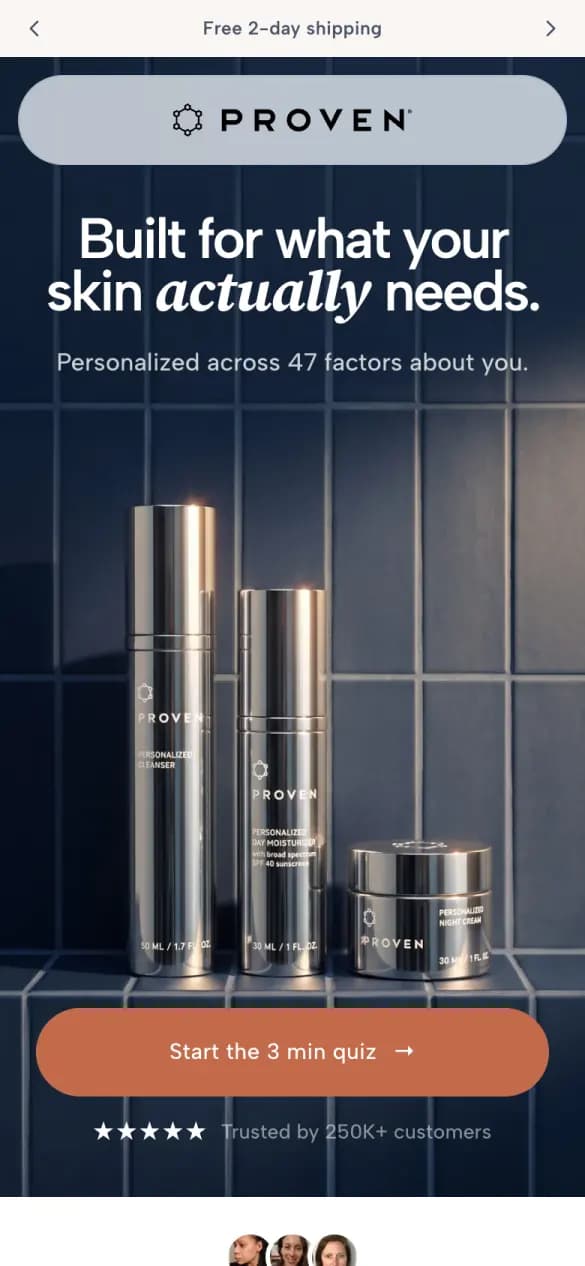 Proven's skin quiz on a phone: “Built for what your skin actually needs”, three bottles and a “Start the 3 min quiz” button