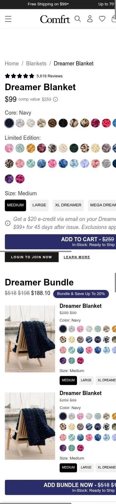 Comfrt product page on a phone
