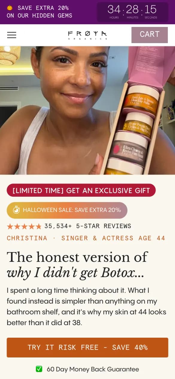 Frøya Organics' story page on a phone: Christina Milian holding a box of balms, the headline “The honest version of why I didn't get Botox” and a “Save 40%” button