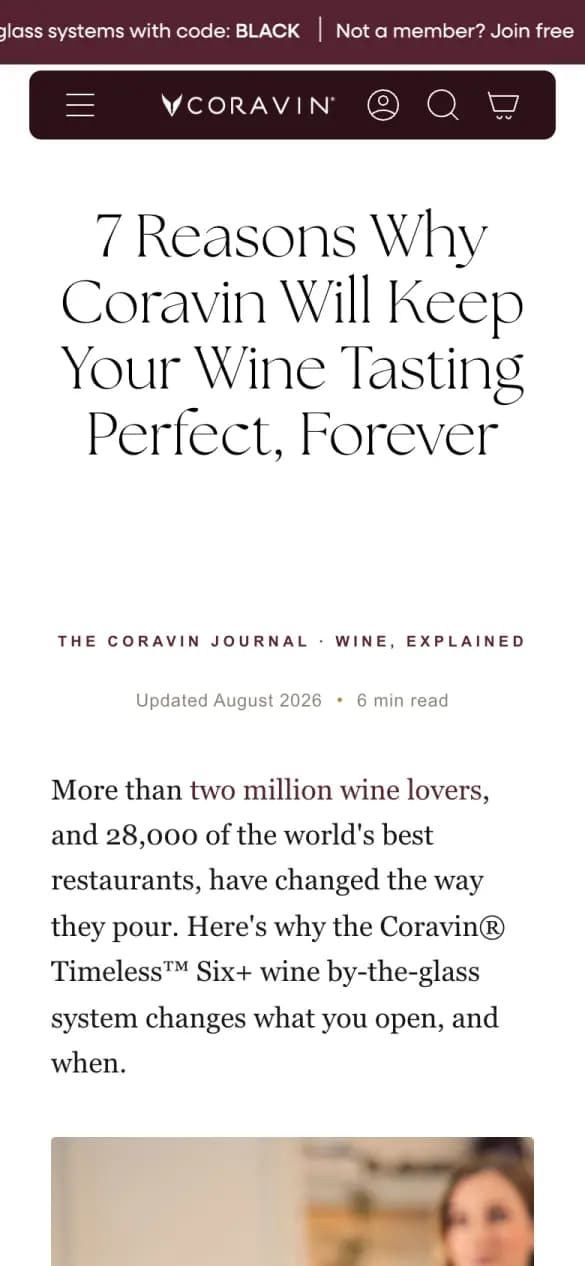 Coravin's journal page on a phone: “7 reasons why Coravin will keep your wine tasting perfect, forever” over its opening paragraph