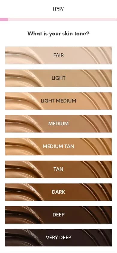 IPSY's beauty quiz on a phone: “What is your skin tone?” above nine shade buttons from fair to very deep