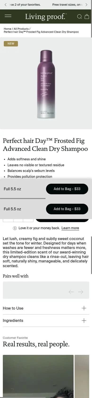 Living Proof product page on a phone