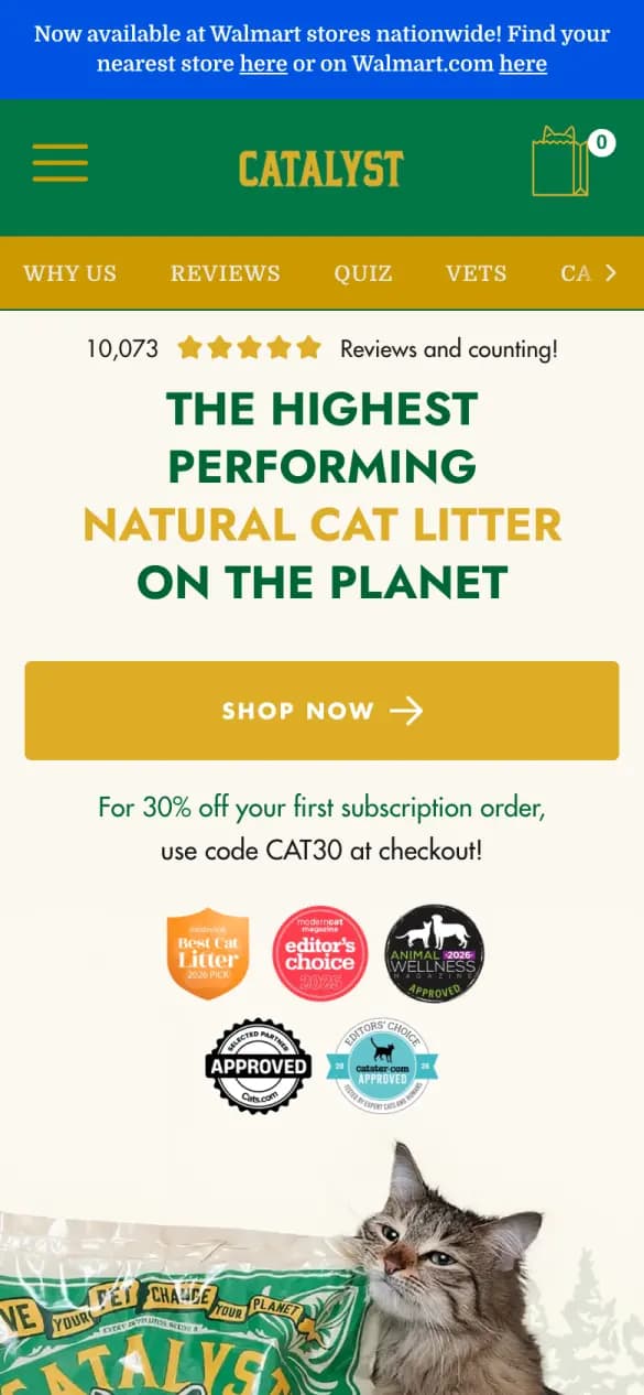 Catalyst Pet's listicle on a phone: a review count, “The highest performing natural cat litter on the planet”, a Shop now button and the CAT30 code