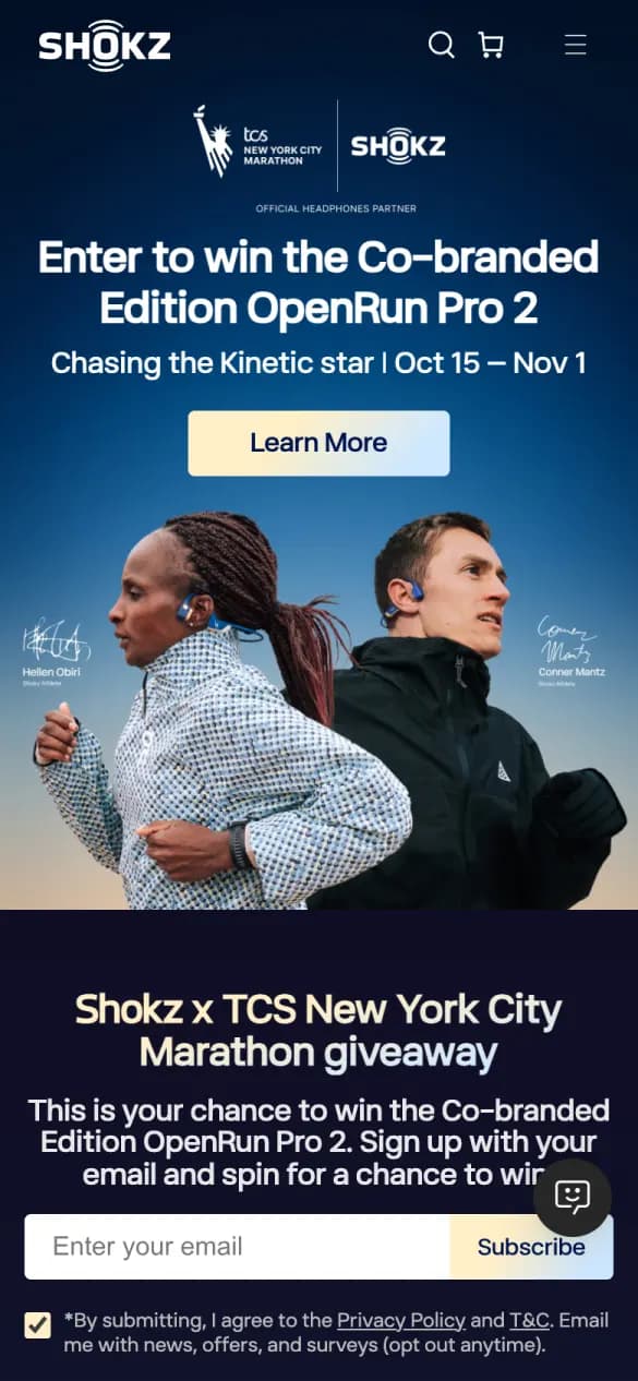 Shokz's marathon giveaway page on a phone: two runners in open-ear headphones above an email field to enter