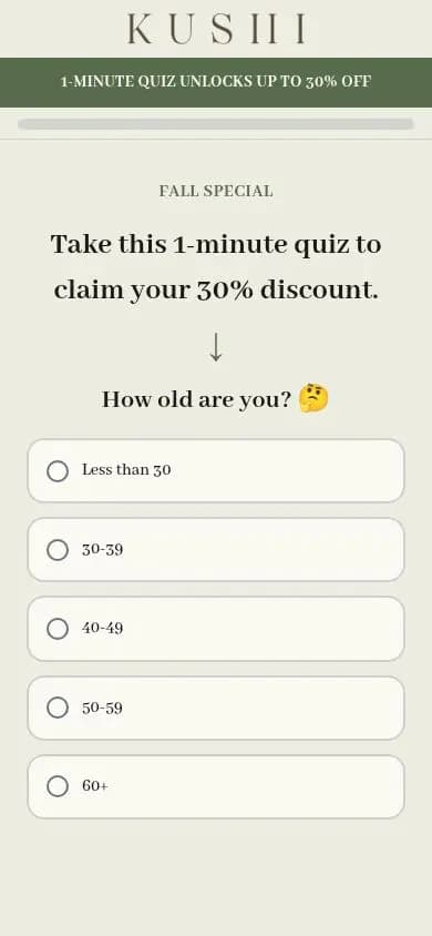 Kushi Beauty quiz page on a phone