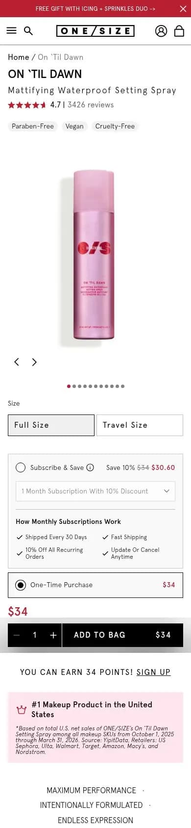 ONE/SIZE product page on a phone