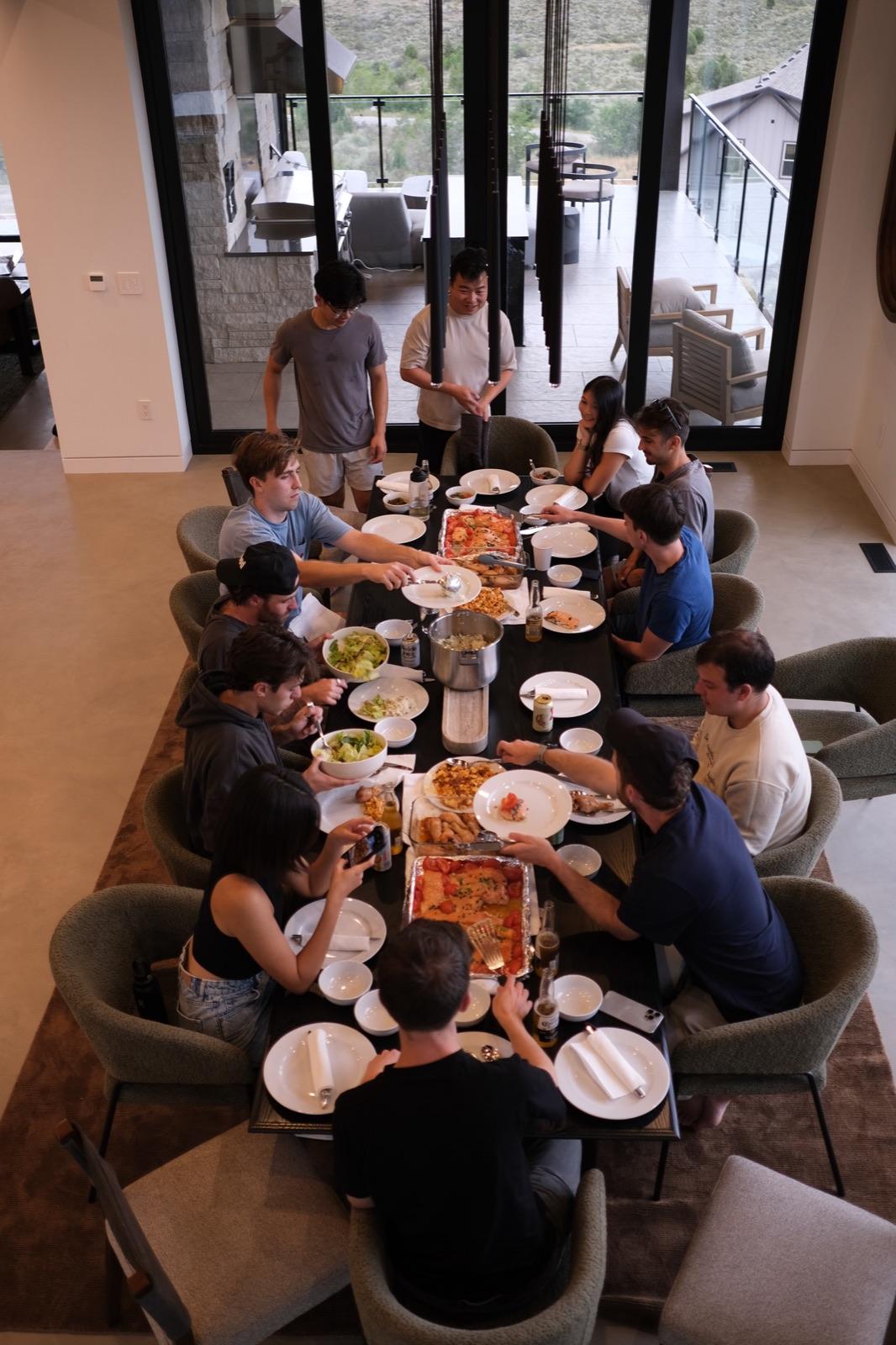 Overhead view of the team having dinner