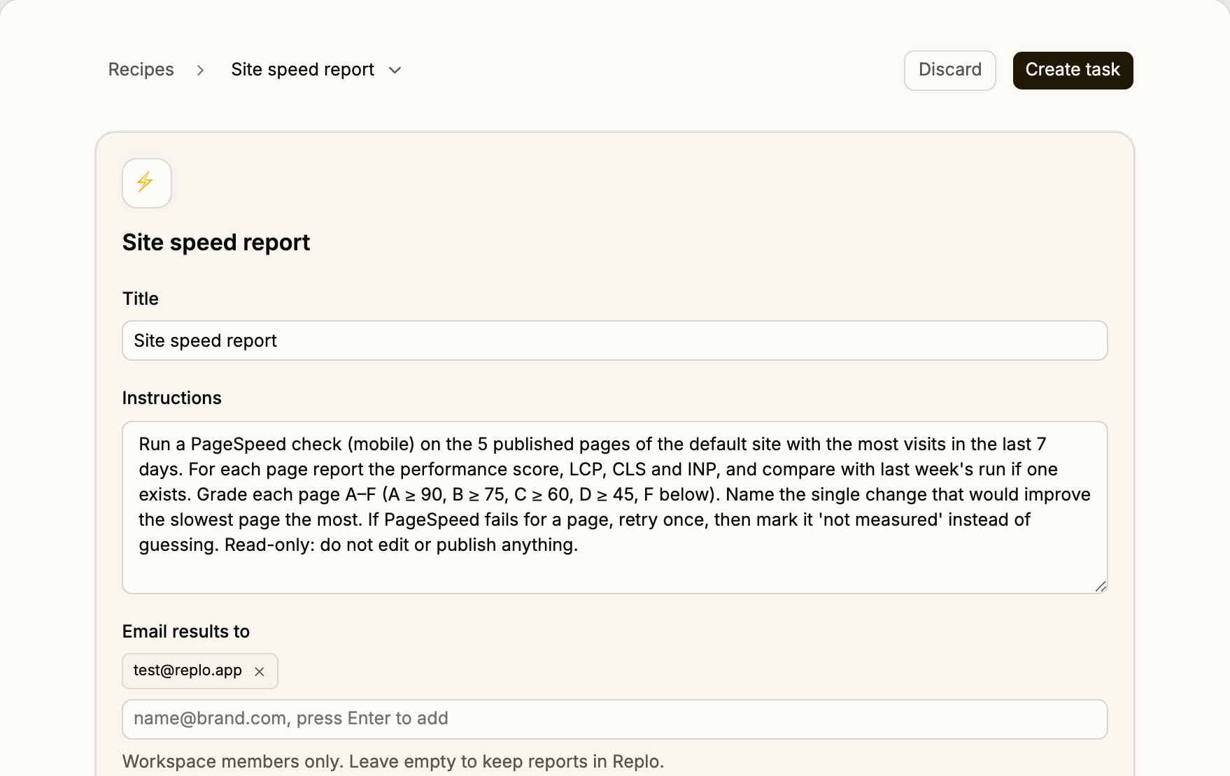Setting up a scheduled report in Replo: the report's instructions and the workspace members who get the email