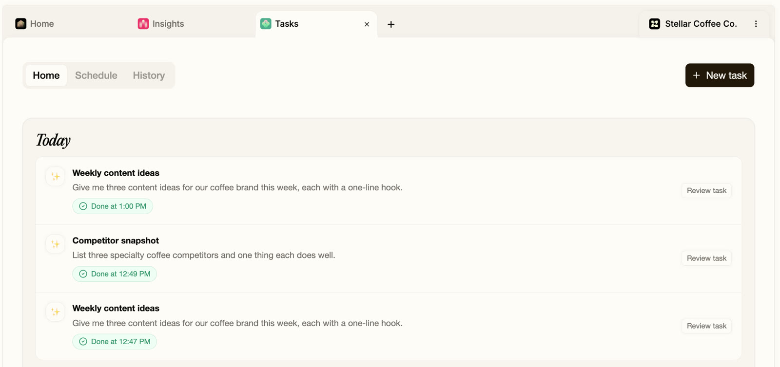 Replo's Tasks home for an example coffee store: today's scheduled tasks, each marked done