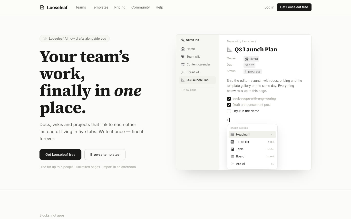 Looseleaf homepage screenshot