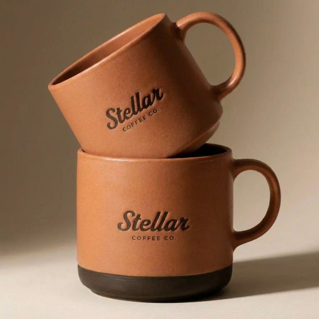 Two stacked terracotta Stellar Coffee mugs