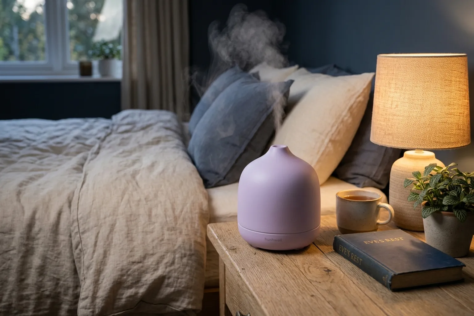 A lilac hushwell humidifier misting on a nightstand at dusk