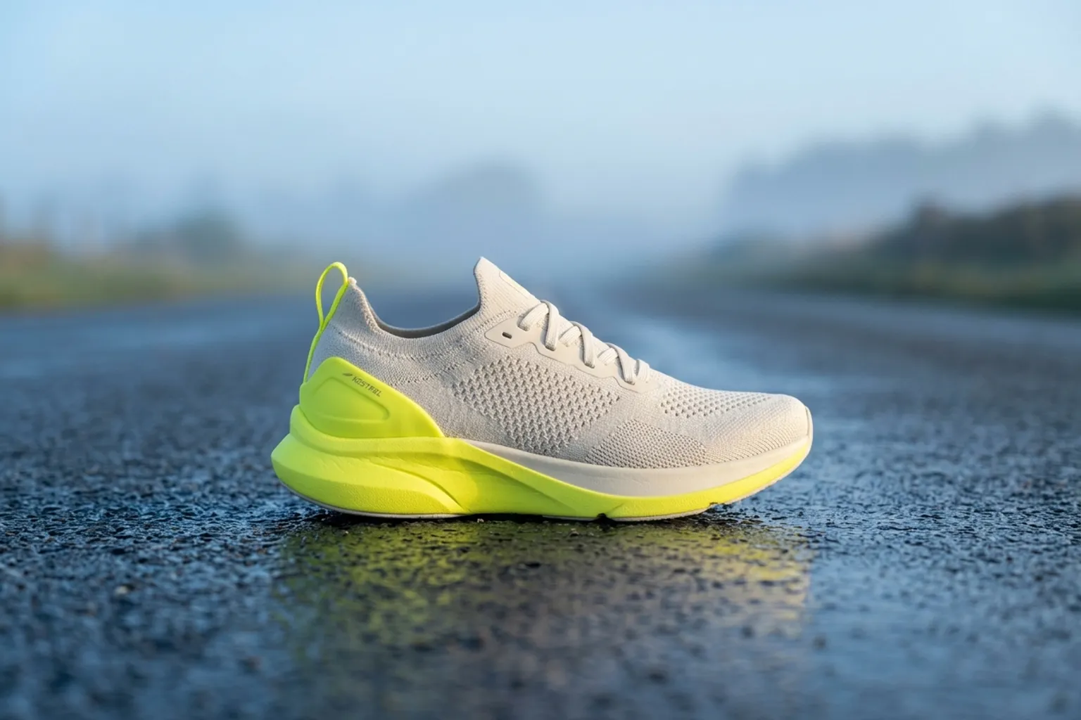 A bone and volt Kestrel running shoe on wet asphalt at dawn