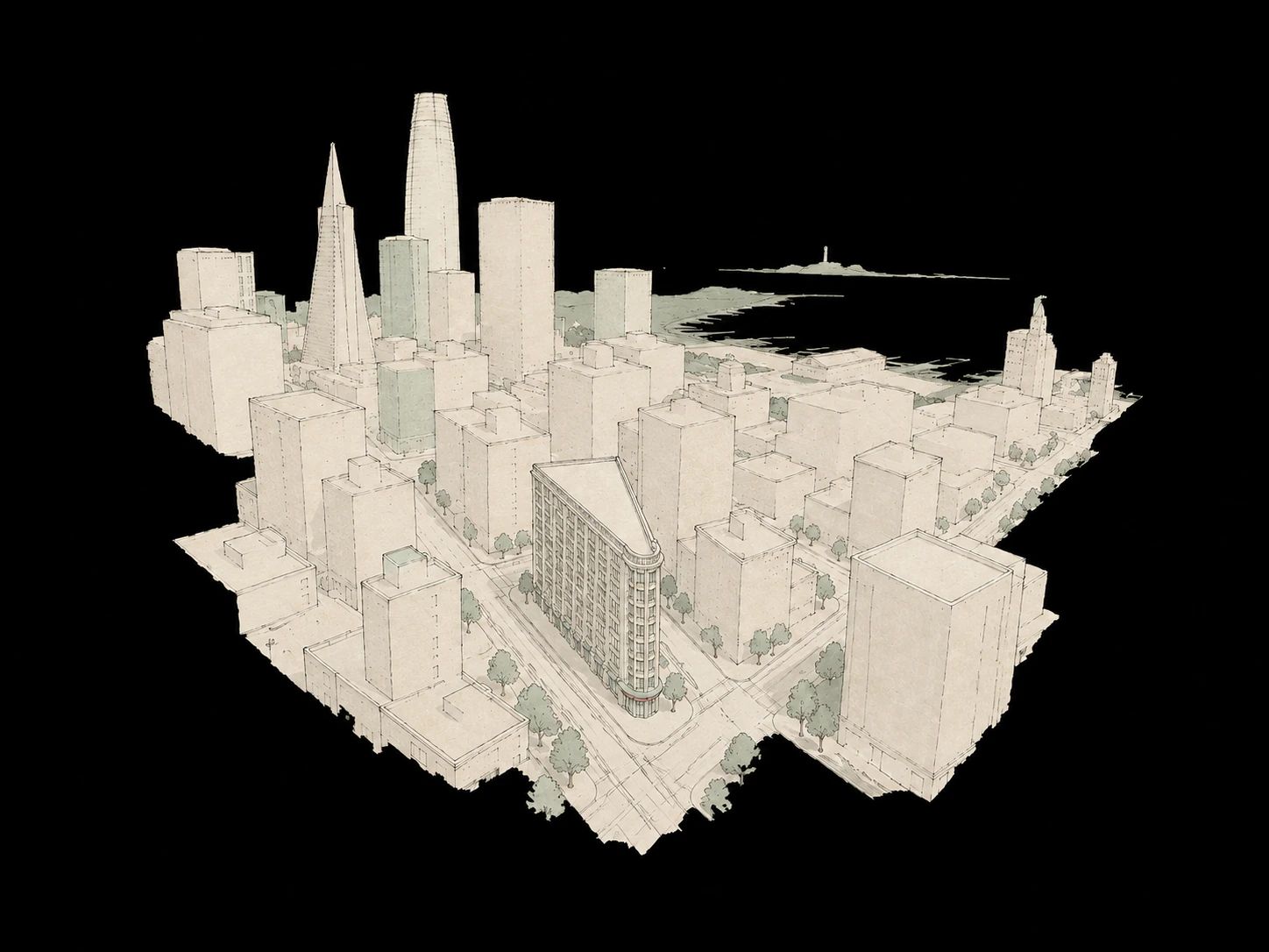 Pale field-journal illustration of downtown San Francisco and our office