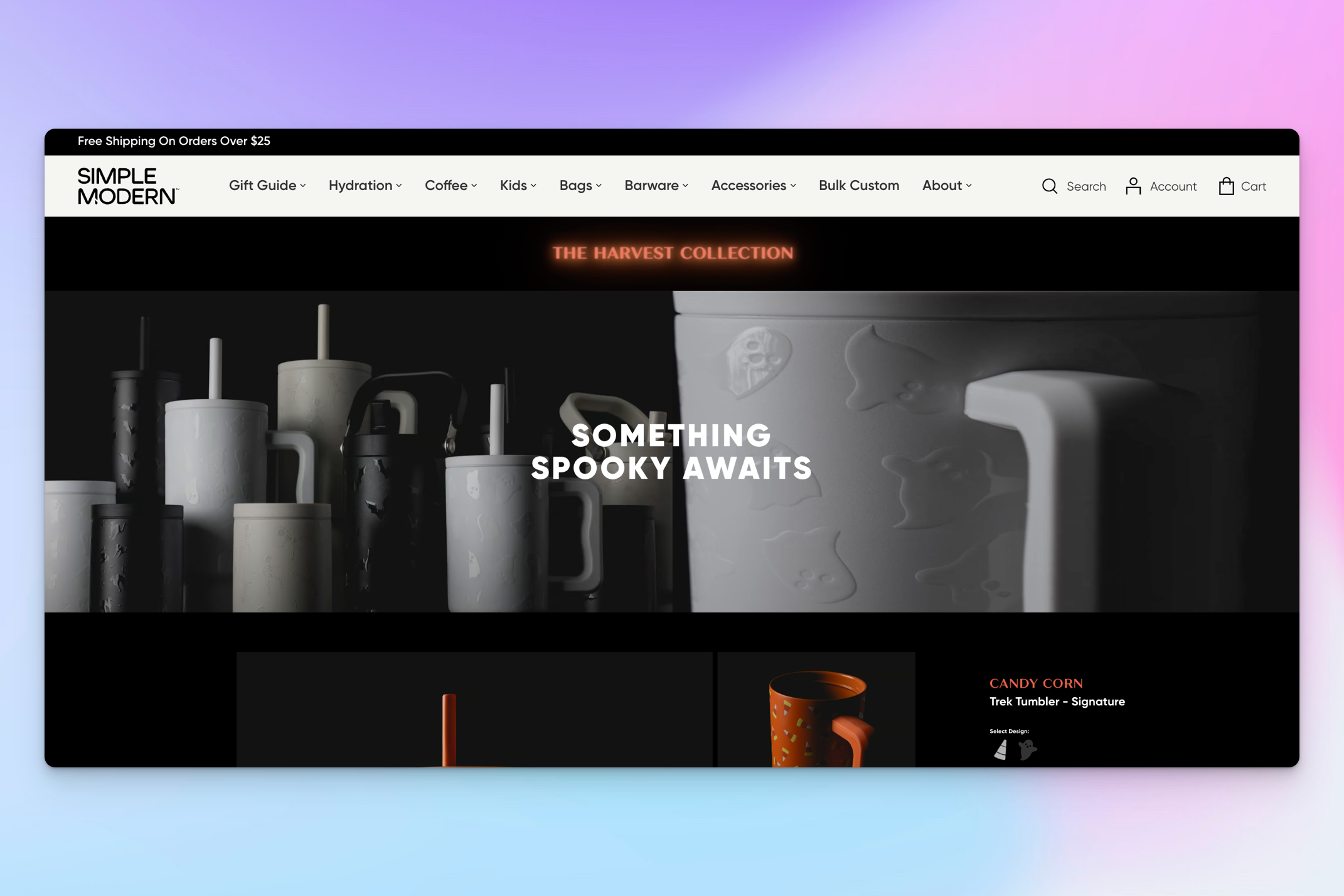 A Halloween-themed tumbler collection with ghost and skull embossing, displayed in a dark, moody setting. The text "Something Spooky Awaits" highlights the seasonal design. A candy corn-patterned Trek Tumbler is featured below.