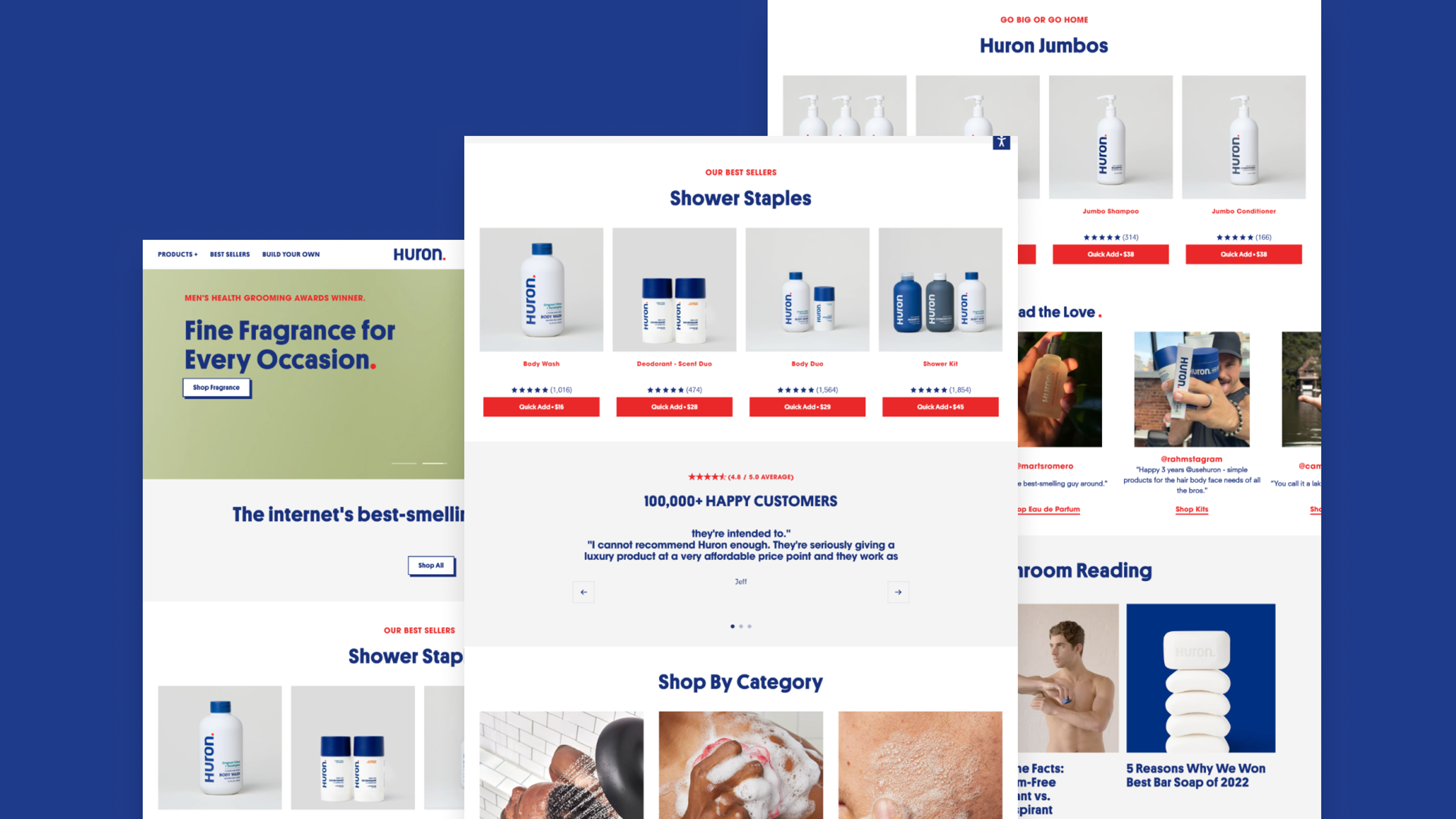 A men's grooming website showcasing best-selling shower products, customer reviews, and fragrance promotions.