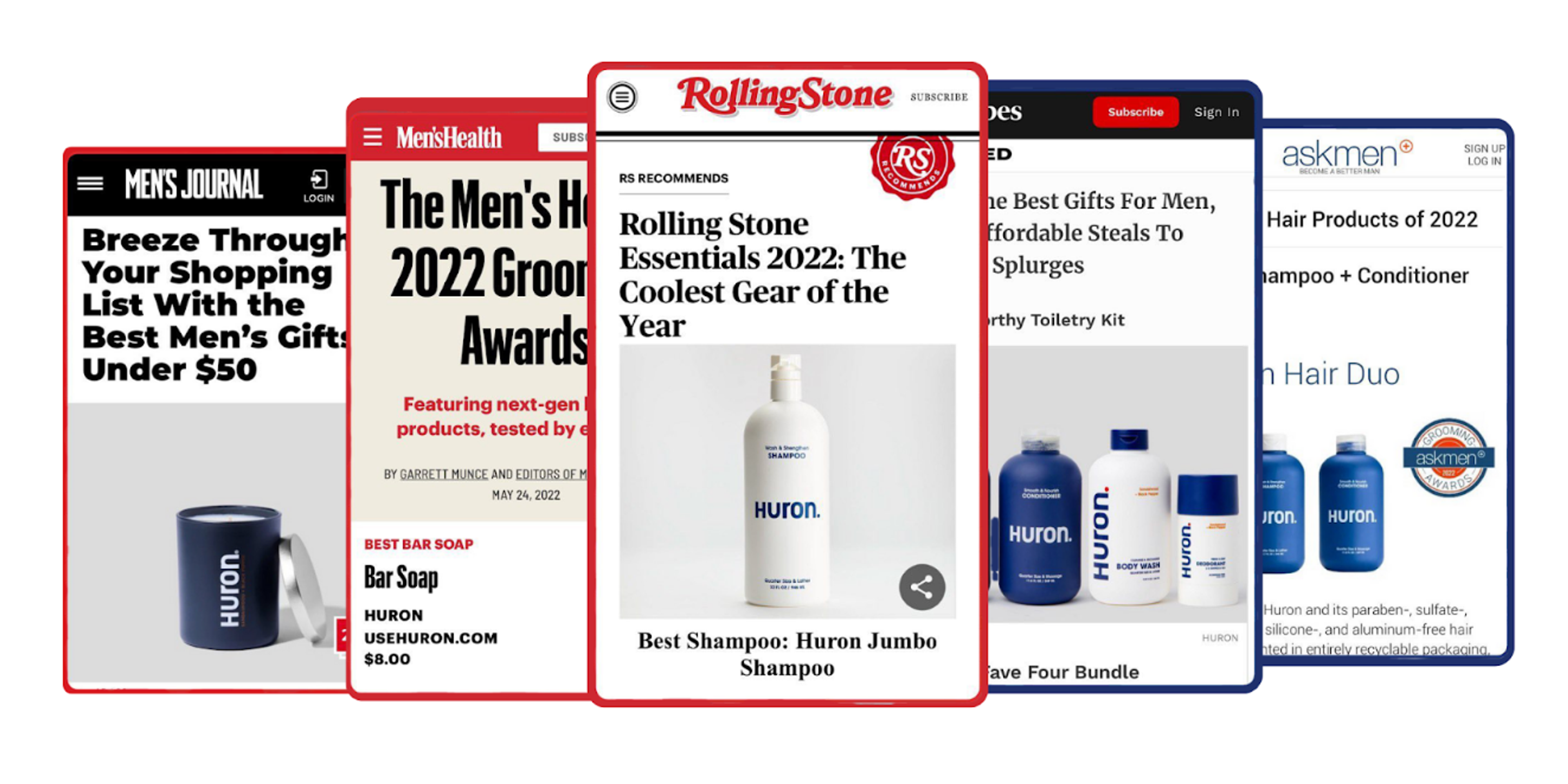A collage of media features showcasing Huron grooming products in Men's Journal, Men's Health, Rolling Stone, and AskMen.