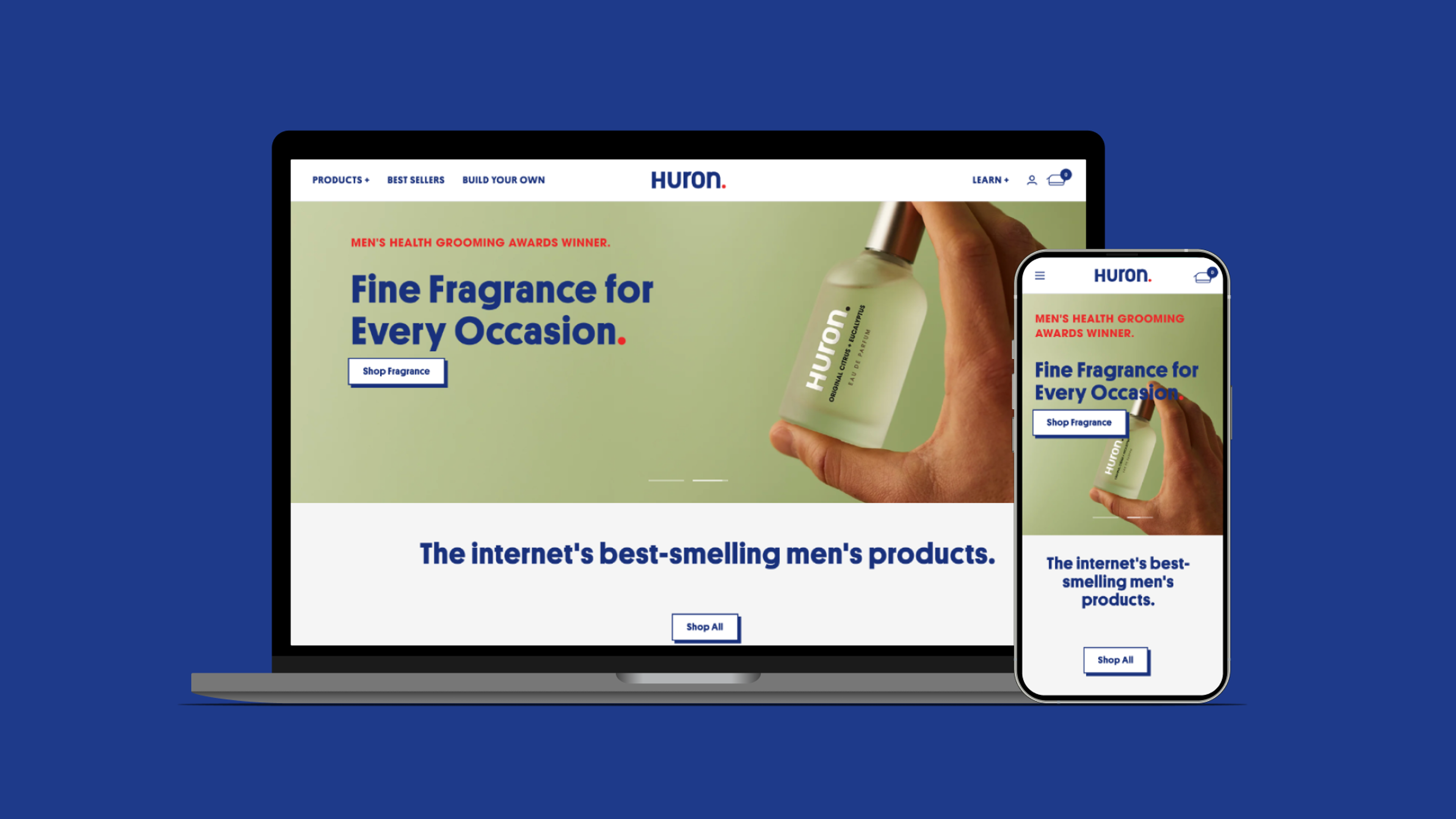 A men's grooming website displayed on a laptop and smartphone, featuring a fragrance product promotion.