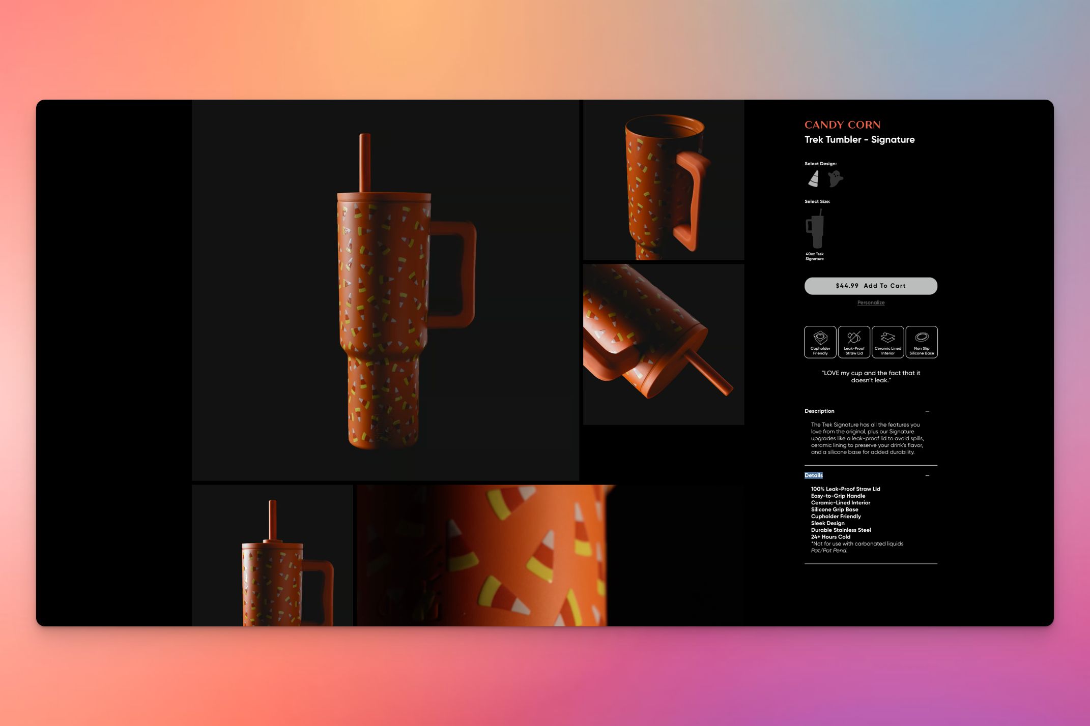 A candy corn-themed Trek Tumbler with a large handle, straw, and spill-proof lid, showcased in multiple angles against a dark background. The product page highlights its stainless steel build, leak-proof design, and temperature retention.