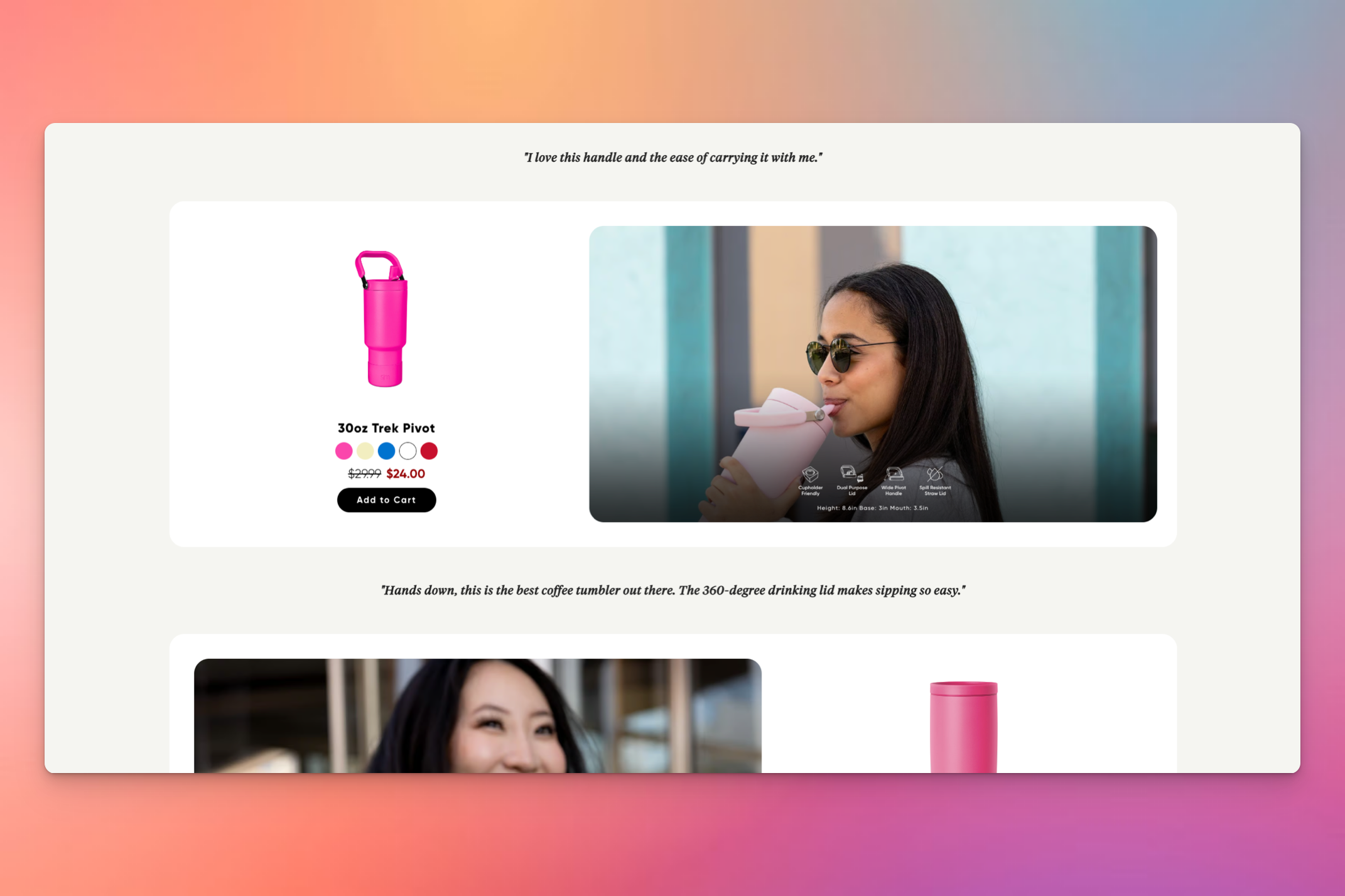 A woman wearing sunglasses sips from a pink 30oz Trek Pivot tumbler with a rotating lid. A product listing on the left highlights the tumbler's price, color options, and features.
