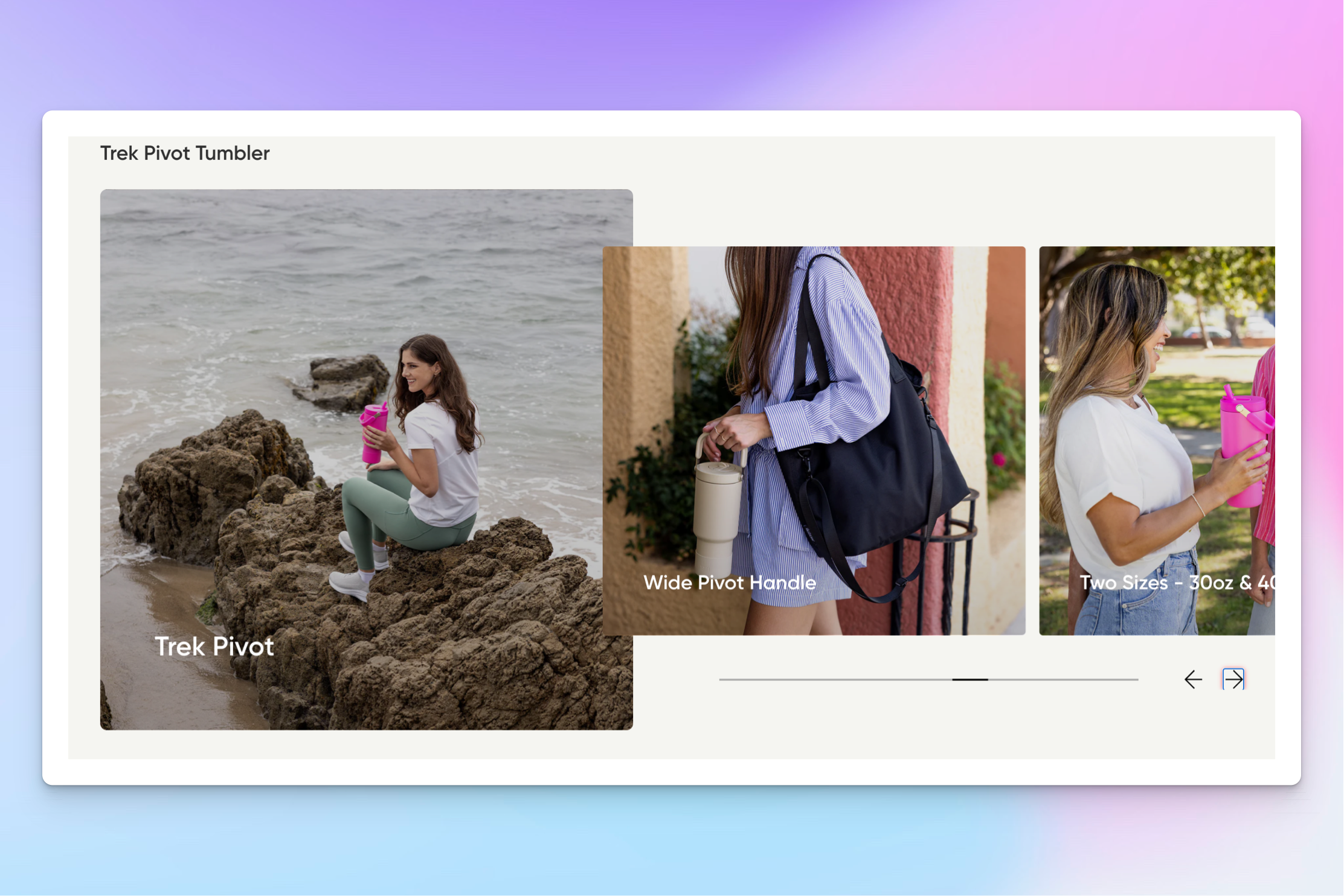 A promotional display for the Trek Pivot Tumbler, featuring a woman sitting on coastal rocks holding a pink tumbler, another carrying a white tumbler with a wide handle, and a third using a pink tumbler outdoors.