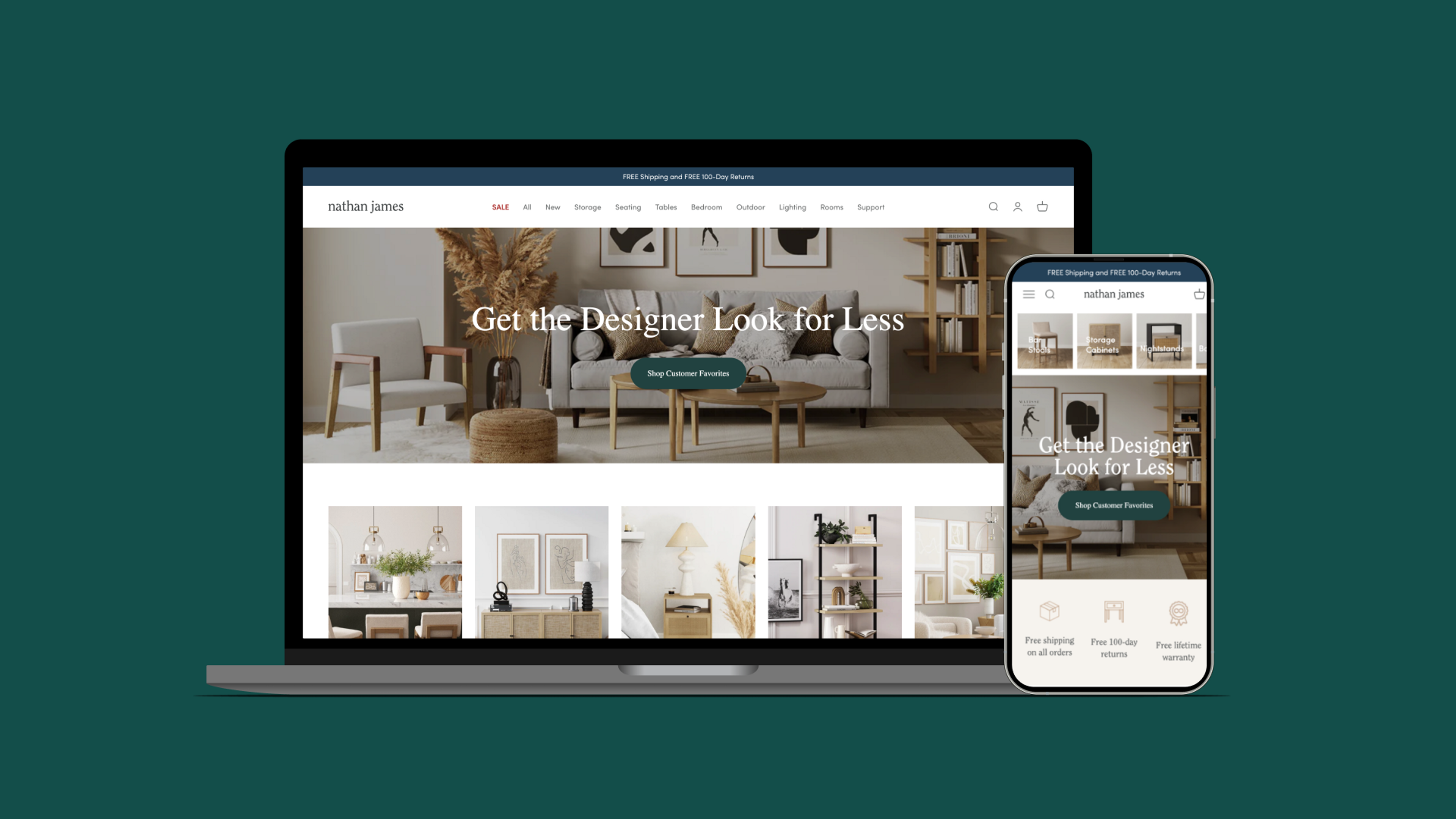 A furniture website displayed on a laptop and smartphone, promoting affordable designer-style home decor.