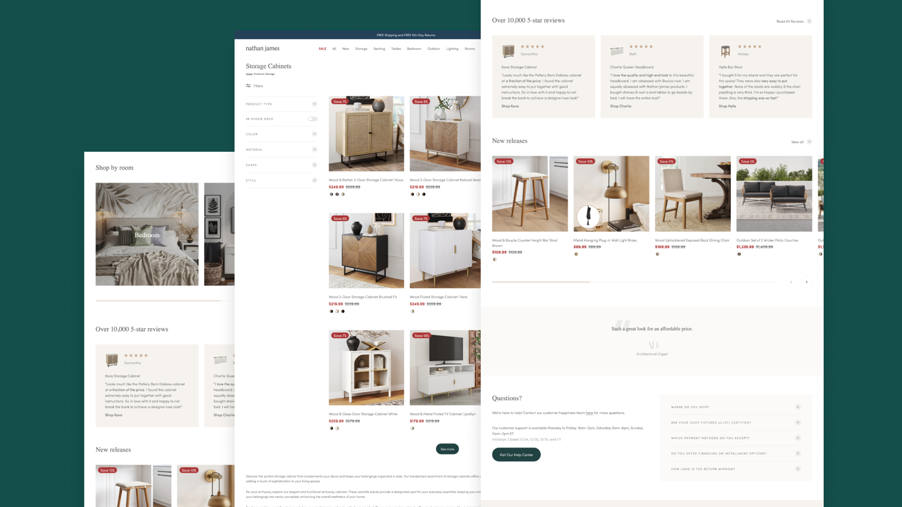 A furniture website displaying storage cabinets, customer reviews, new releases, and shopping filters.
