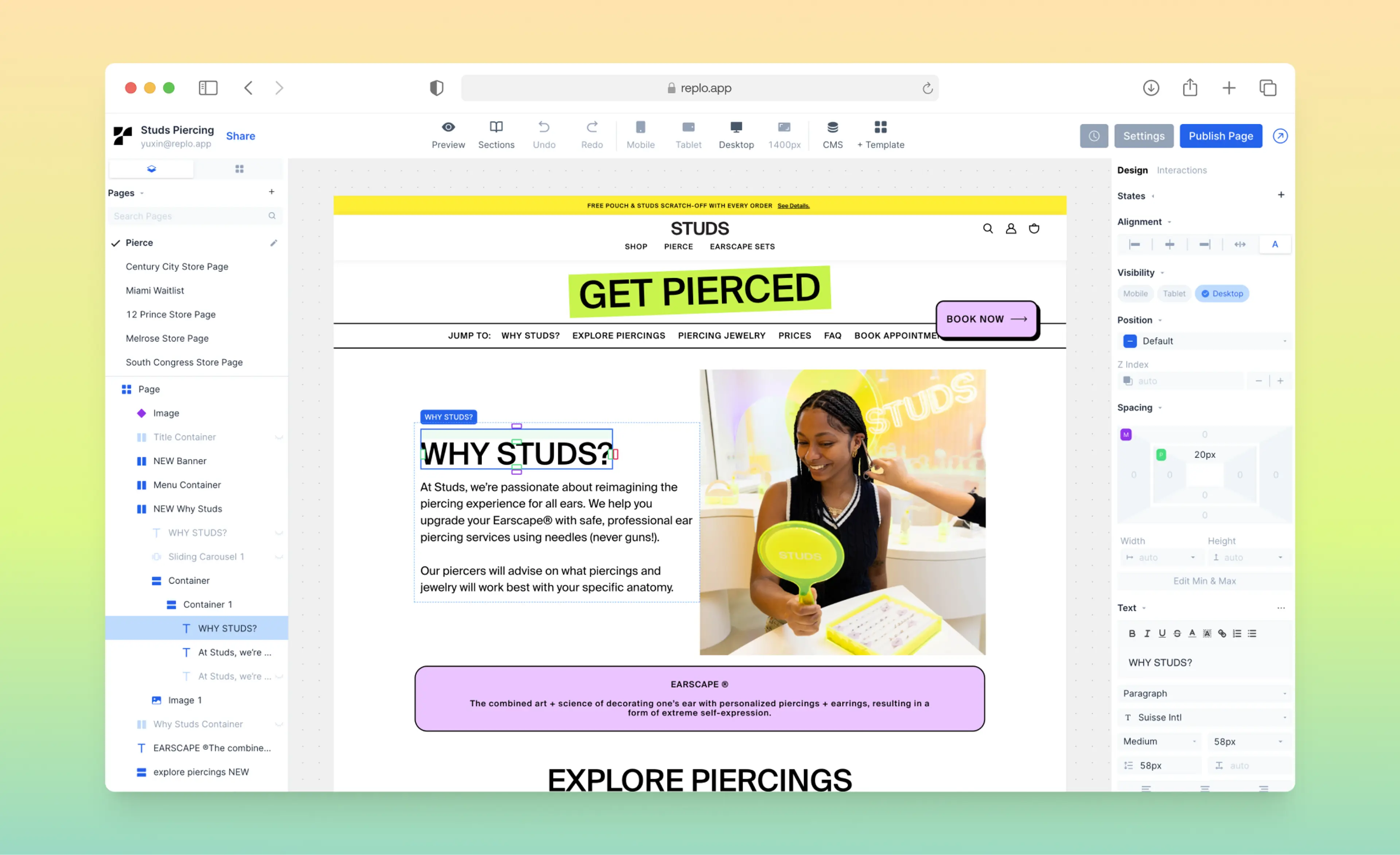 A website builder interface displaying an ear piercing studio's landing page with a "Get Pierced" banner.