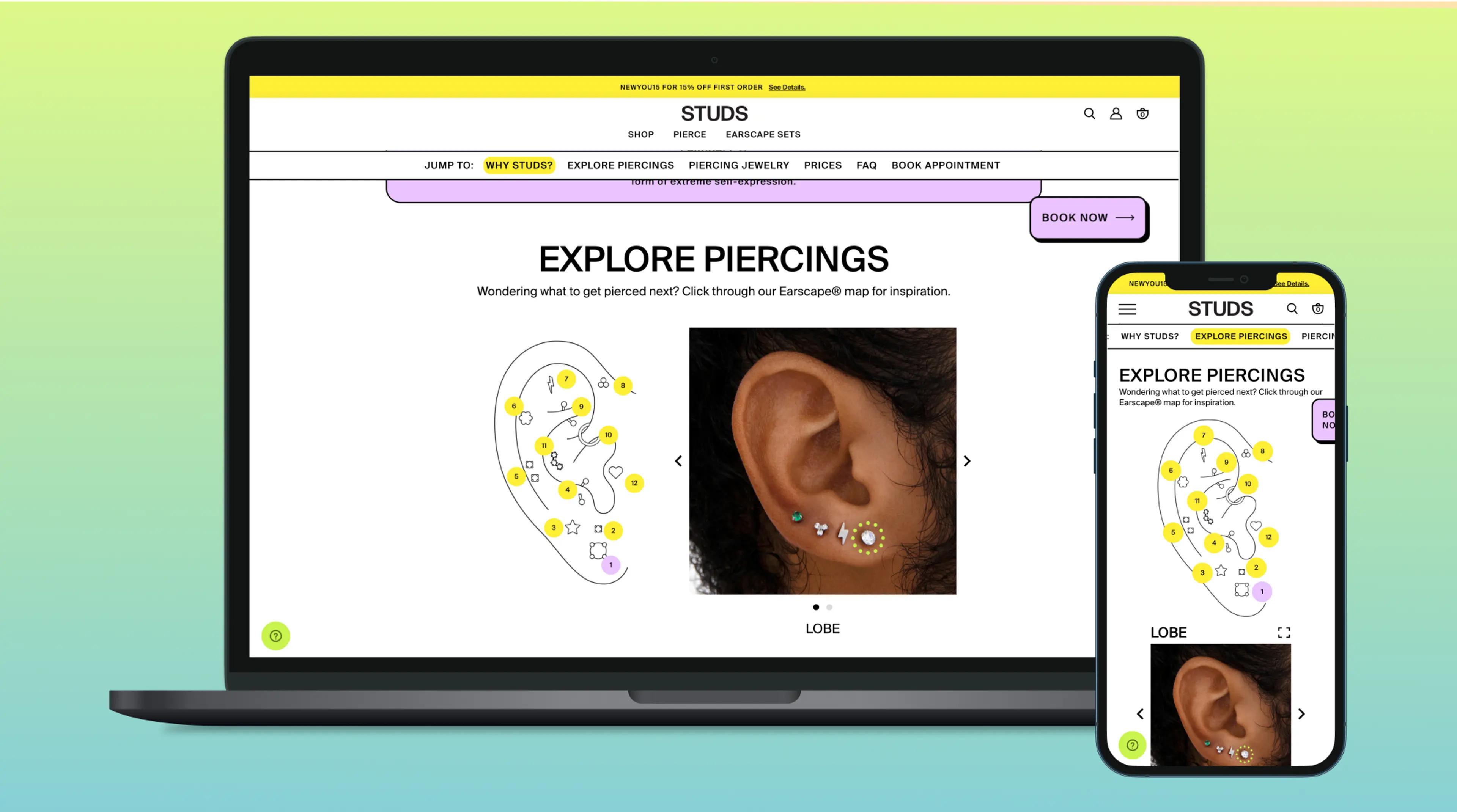 A piercing studio's website displayed on a laptop and smartphone, showcasing an interactive ear map.