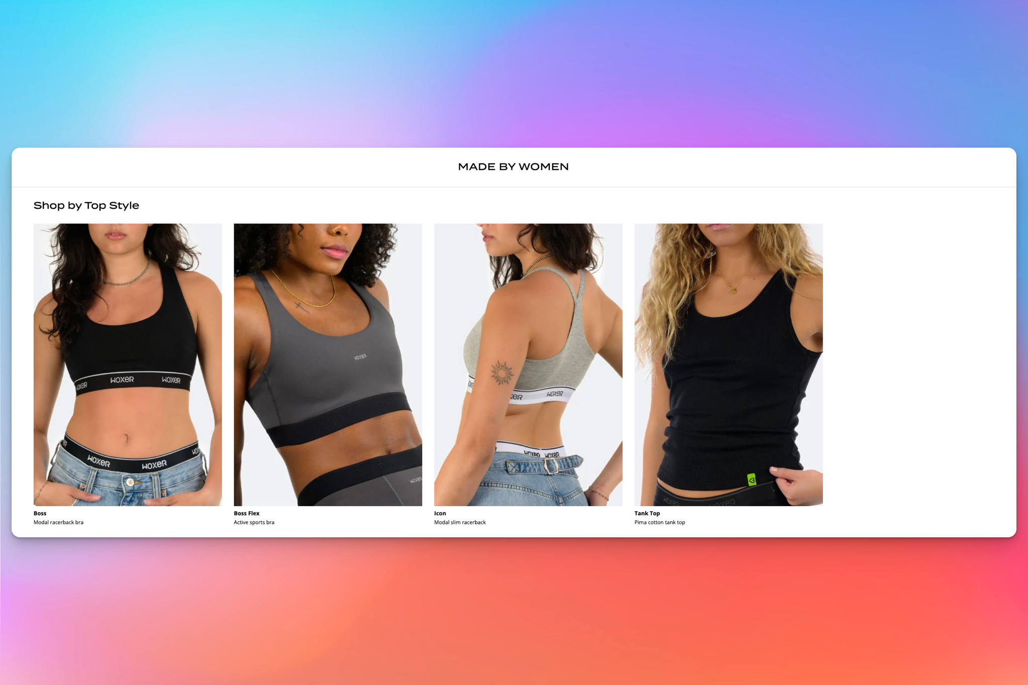 A selection of Woxer women's tops displayed in different styles, including racerbacks and tank tops.