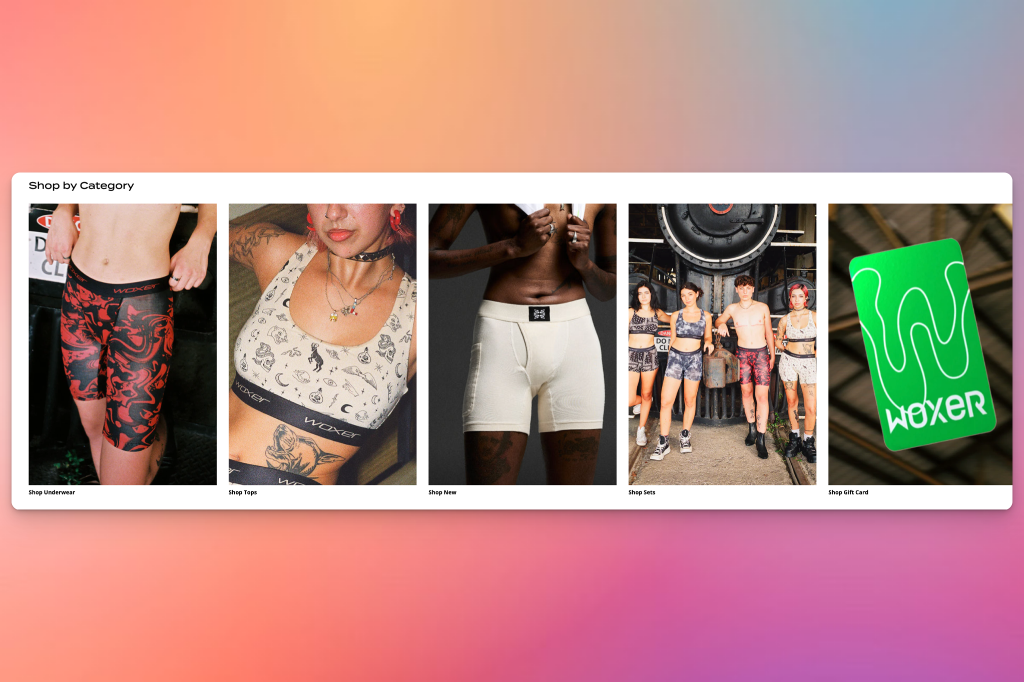 A vibrant "Shop by Category" display featuring various Woxer apparel, including underwear, tops, sets, and a gift card.