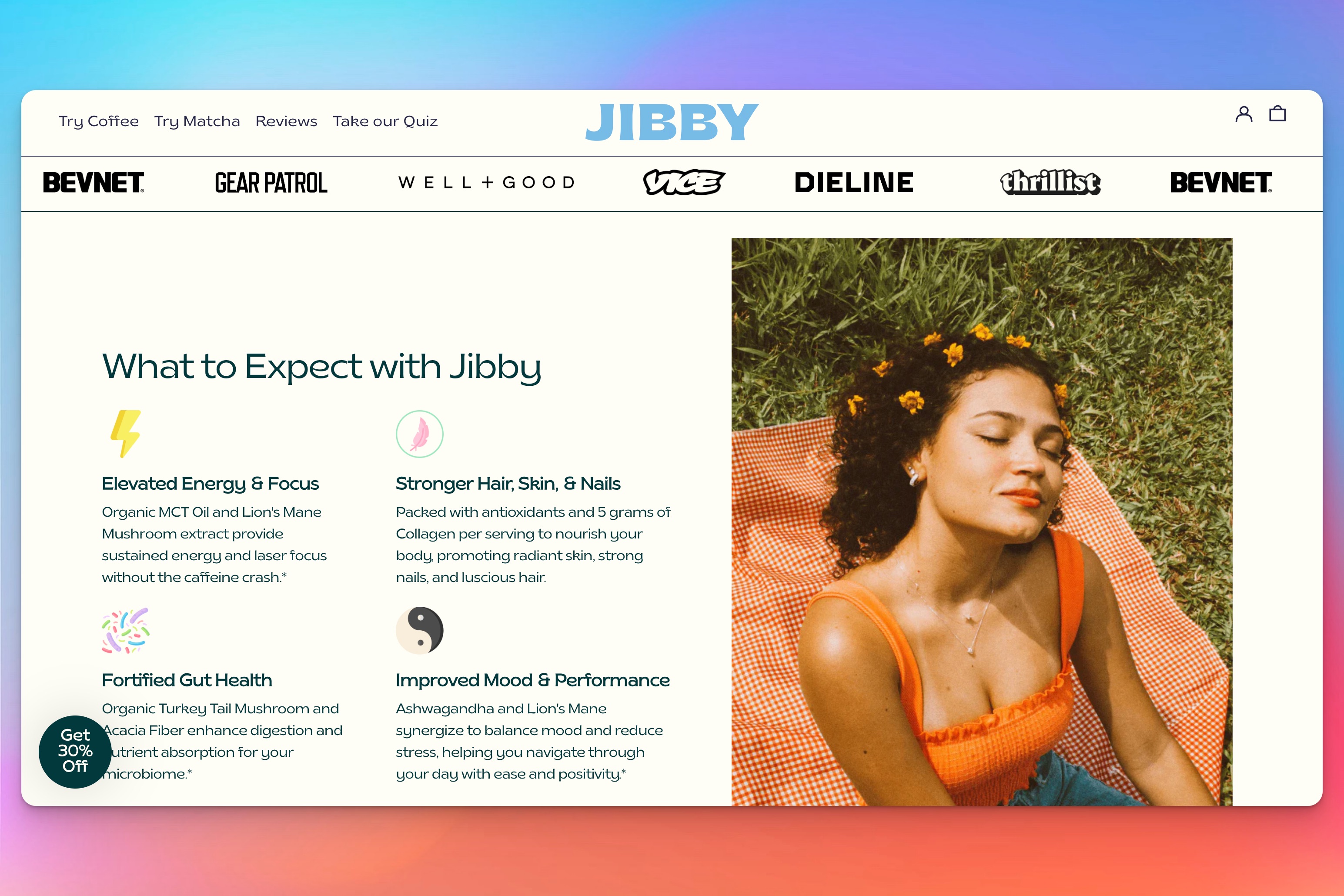 A woman in an orange top relaxes on a picnic blanket, eyes closed, with flowers in her hair, next to a Jibby website section listing benefits like energy, gut health, and improved mood.