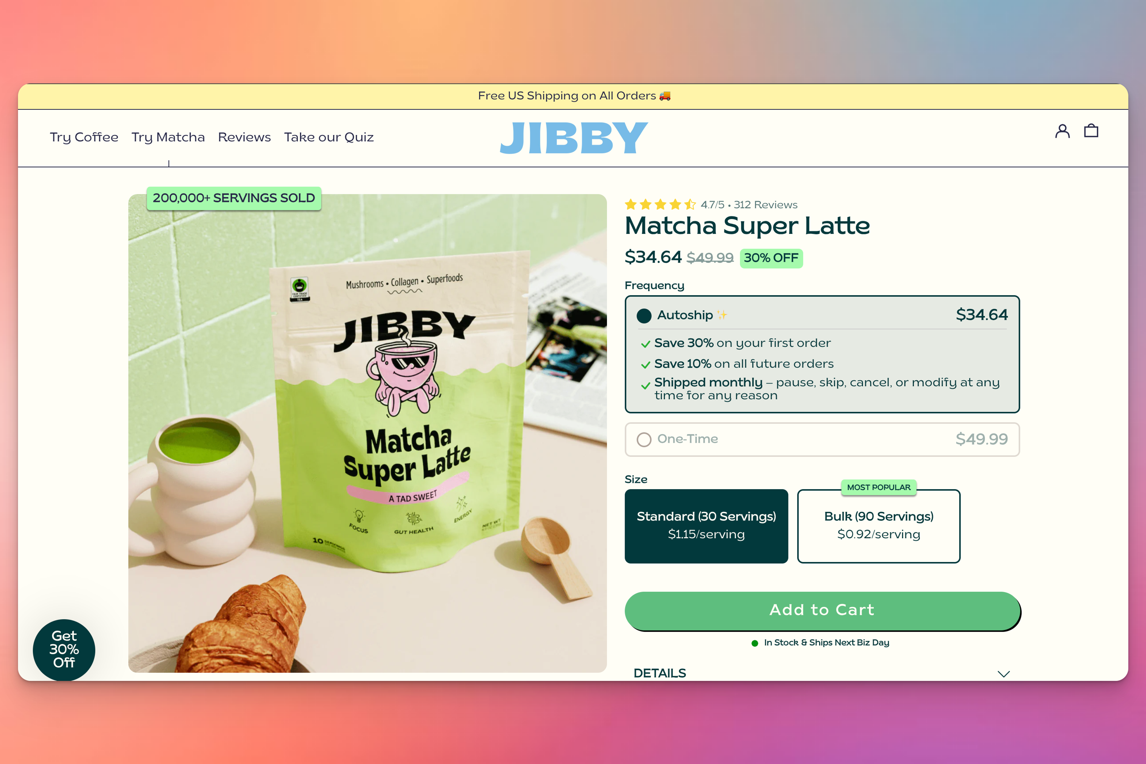 A Jibby Matcha Super Latte bag sits on a white countertop with a green matcha latte in a wavy mug, a wooden scoop, and two croissants nearby.