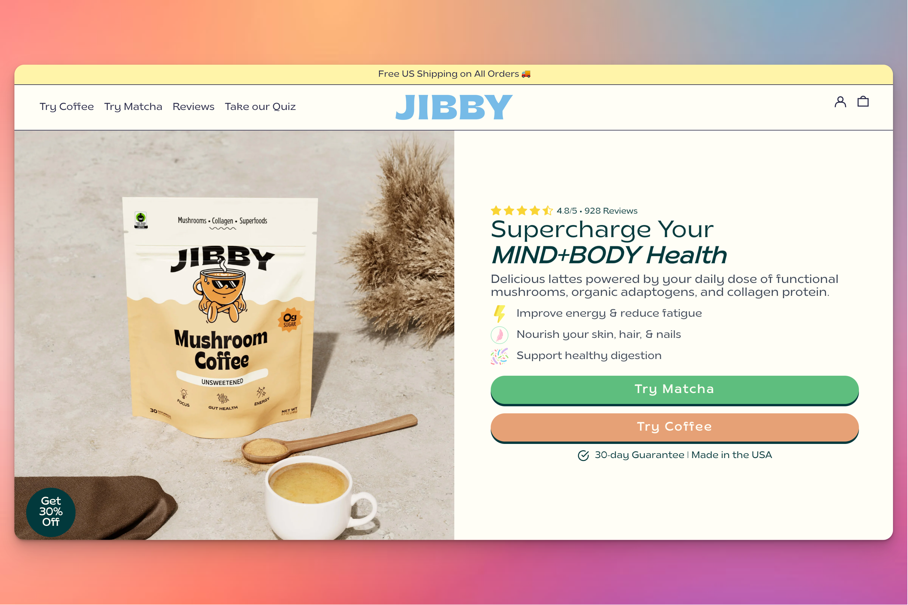 A Jibby Mushroom Coffee pouch is displayed on a textured surface with a cup of brewed coffee, a wooden spoon, and dried plants, alongside a website banner highlighting its health benefits.