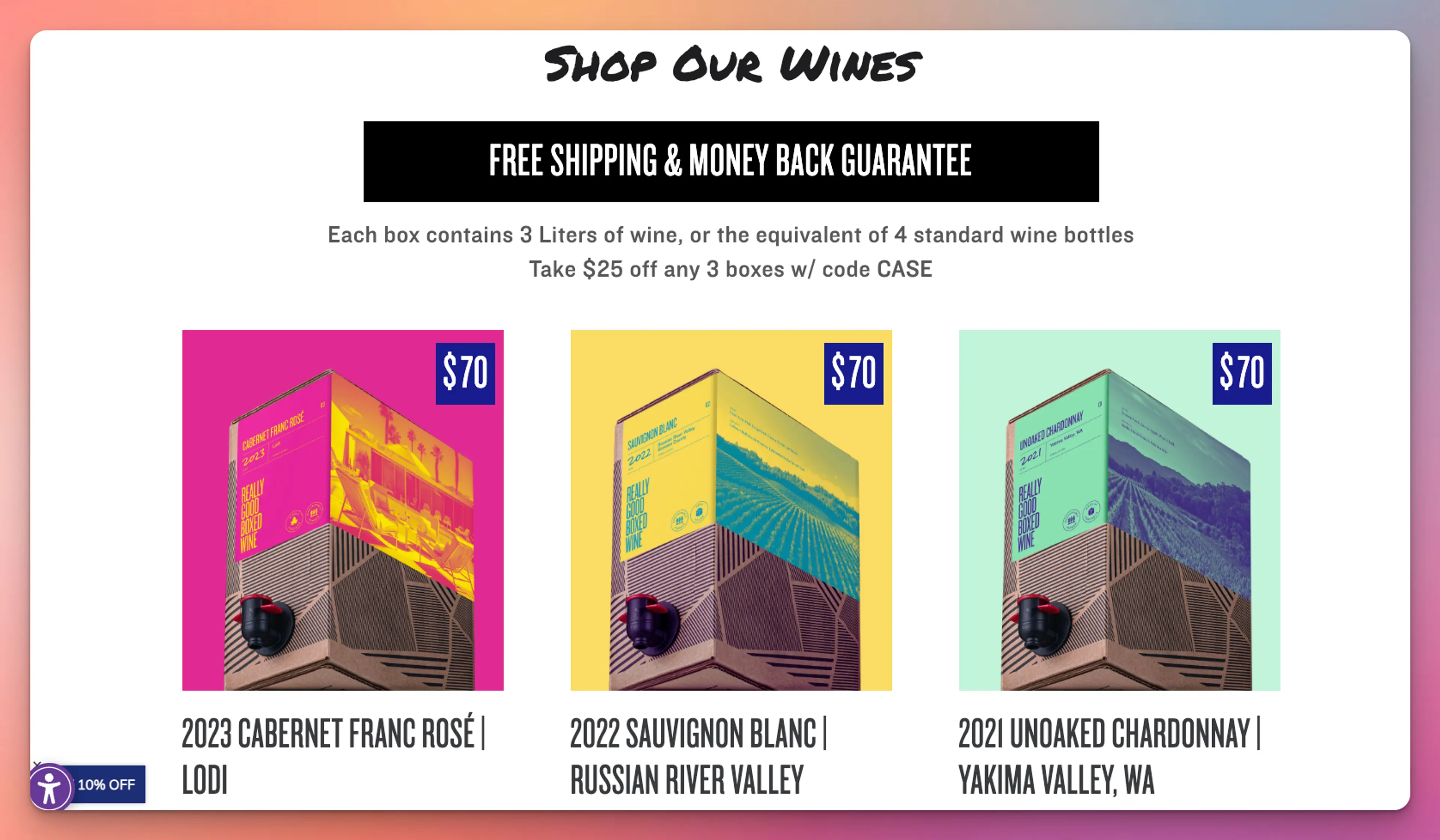 A boxed wine product page displaying three wine varieties, pricing, and a discount offer.