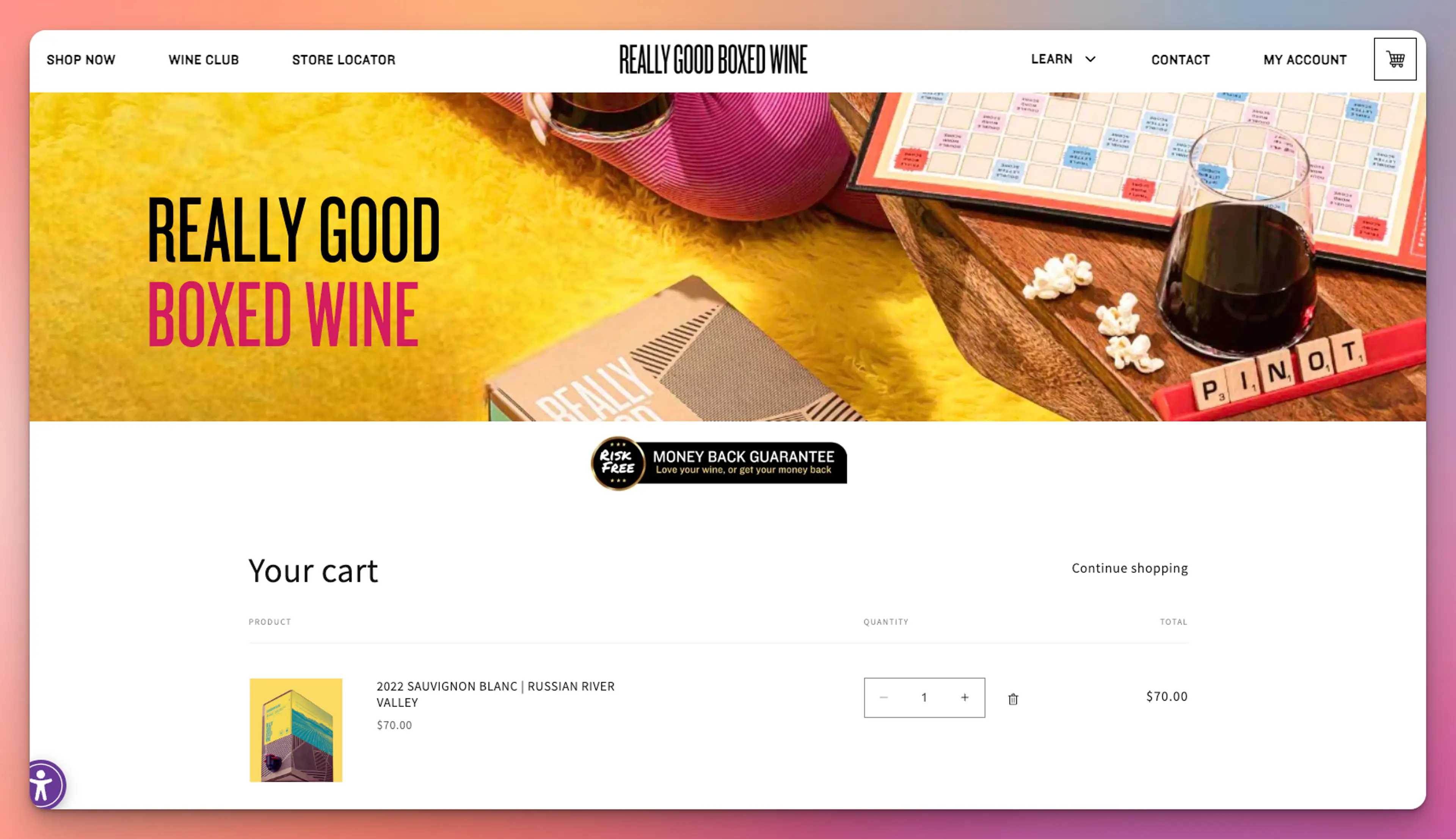 A shopping cart page for "Really Good Boxed Wine" displaying a Sauvignon Blanc purchase.
