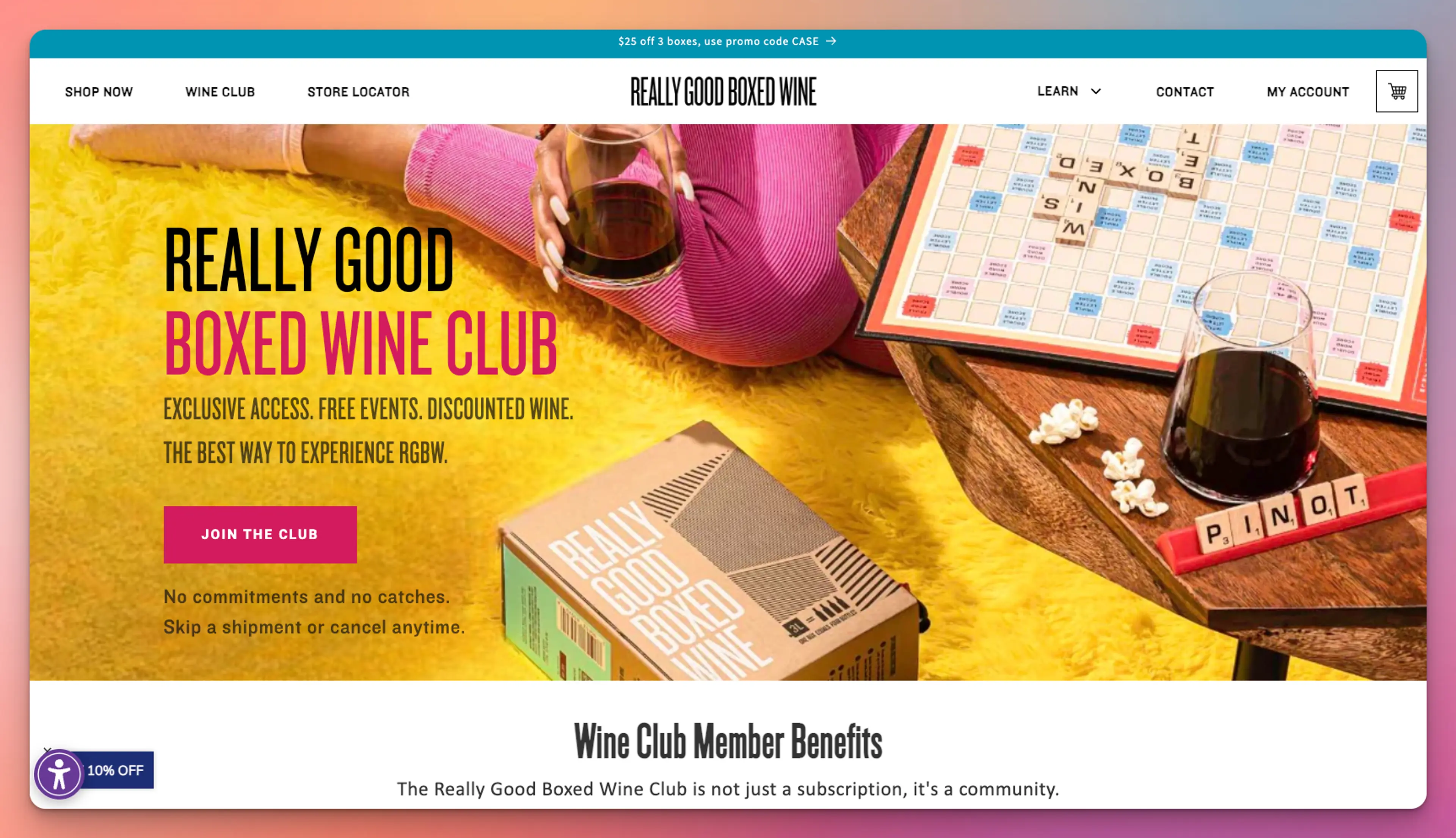 A website landing page for "Really Good Boxed Wine Club" featuring wine, a Scrabble game, and a call-to-action button.
