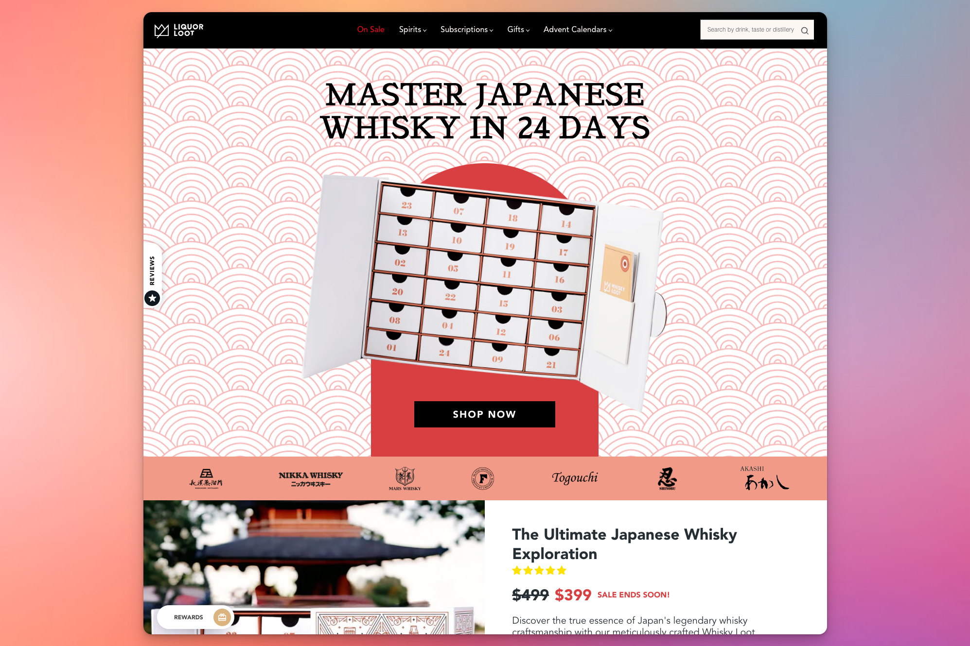 An open whisky advent calendar with numbered compartments is displayed against a red wave-patterned background.