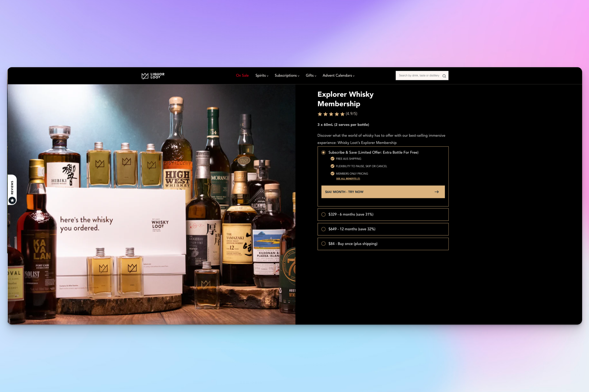A whisky subscription box with mini whisky bottles is displayed alongside premium whisky brands on a wooden surface.