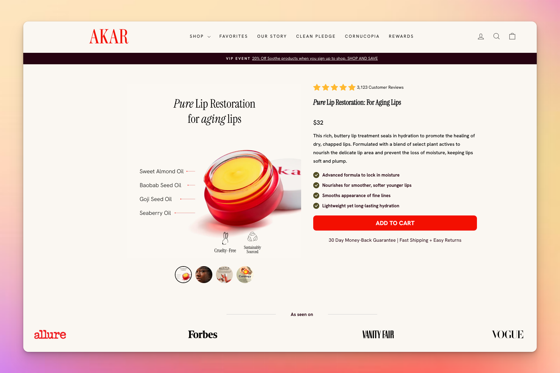 Akar's Pure Lip Restoration balm in a red jar, formulated with nourishing plant oils.