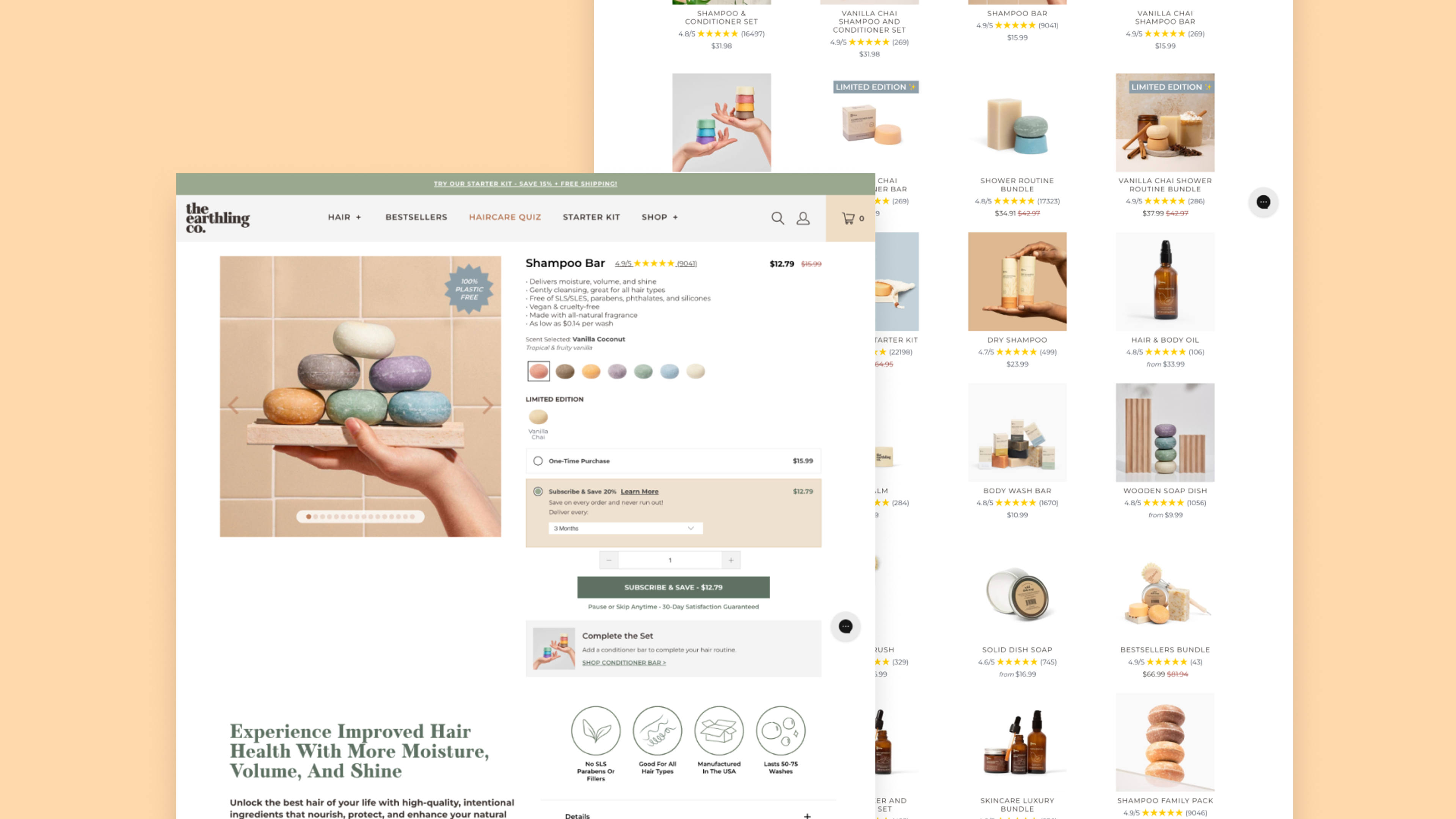 A sustainable haircare website showcasing plastic-free shampoo bars, product details, and customer reviews.