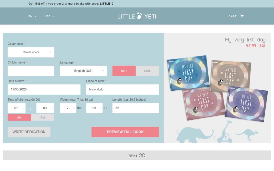 Little Yeti order page with a baby book personalization form and four cover colors on the right