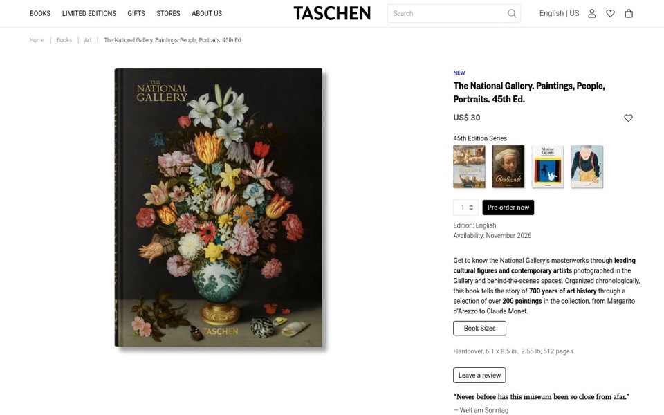 Taschen book page with a floral still-life cover, US$30 price, series thumbnails and a pre-order button