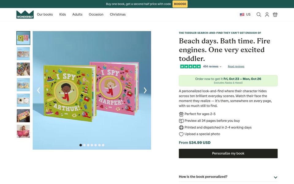 Wonderbly page for two personalized I Spy books, with a story-style headline, review count and delivery window