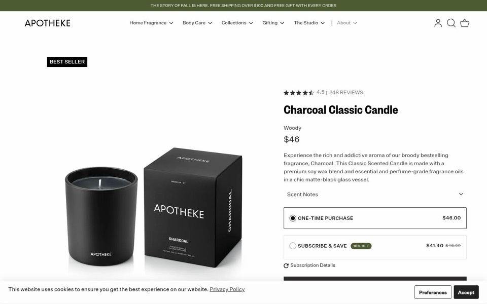 Apotheke page for a black glass candle and box, with rating, scent family, price and subscribe option
