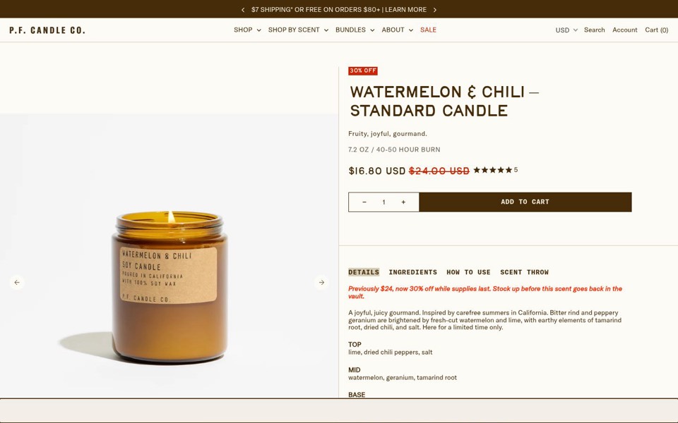 P.F. Candle Co. page for an amber jar candle with a 30% off badge, burn time and scent notes
