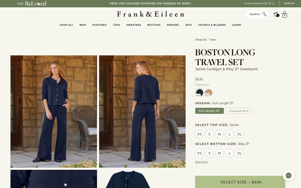 Frank & Eileen page for a navy cardigan and sweatpant set with inseam and separate top and bottom size pickers