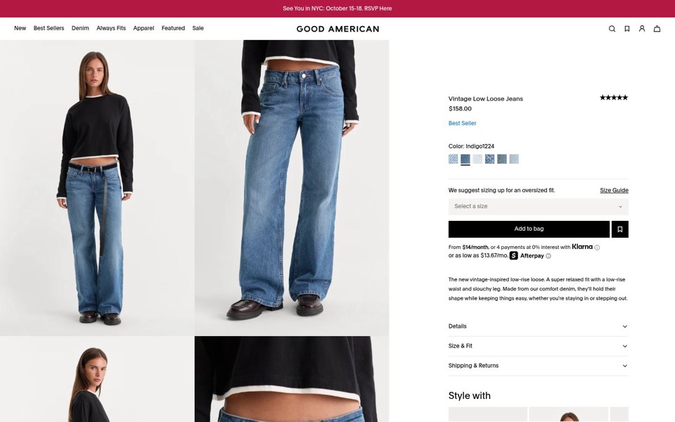 Good American jeans page with two model photos, wash swatches, a size dropdown and a fit note
