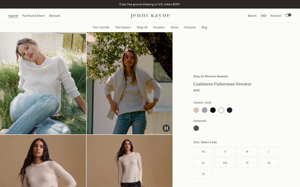 Jenni Kayne sweater page with four lifestyle photos, color swatches and a size grid from XS to 3X