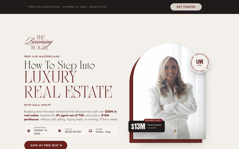 Signup page for a free live real estate masterclass with the host's photo, session details and a save-seat button